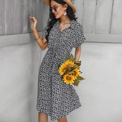 New Lapel Solid Color Button Short Sleeve A-Line Casual Floral Vacation Dress
