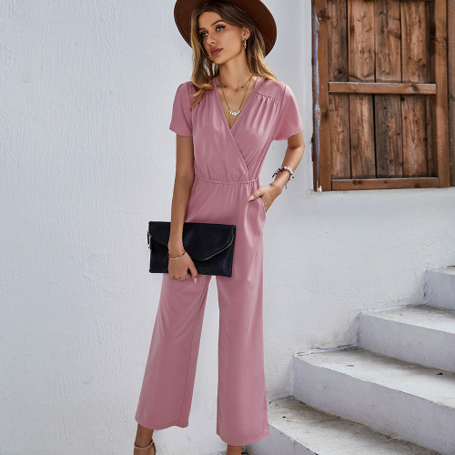 Casual Jumpsuit V-Neck High Waist Crossover Loose Jumpsuit