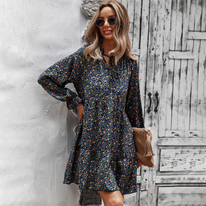 Floral Casual Loose V-Neck Long Sleeve Shirt Casual Dress