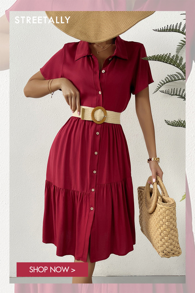 New Elegant Slim Casual Short Sleeve Solid Color Button Dress