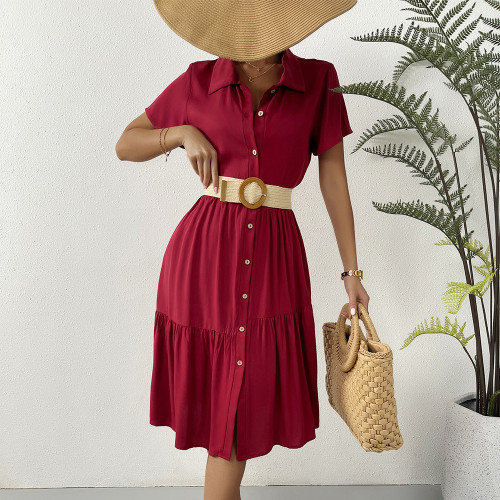 New Elegant Slim Casual Short Sleeve Solid Color Button Dress