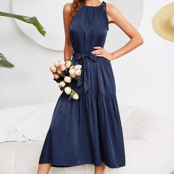 New Summer Sling Sleeveless Casual Elegant Solid Color Long Maxi Dress