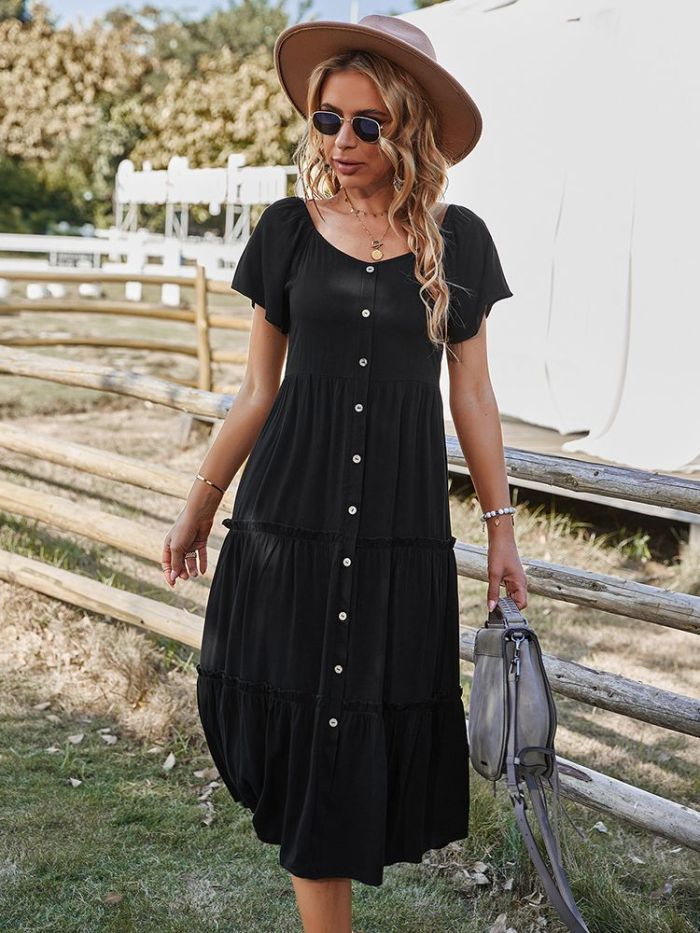 New Chic Butterfly Sleeve Casual Round Neck Single Breasted Maxi Dress