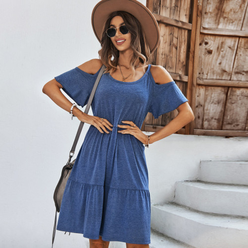Off Shoulder Solid Comfort Knit Crew Neck Fitted Casual Dress