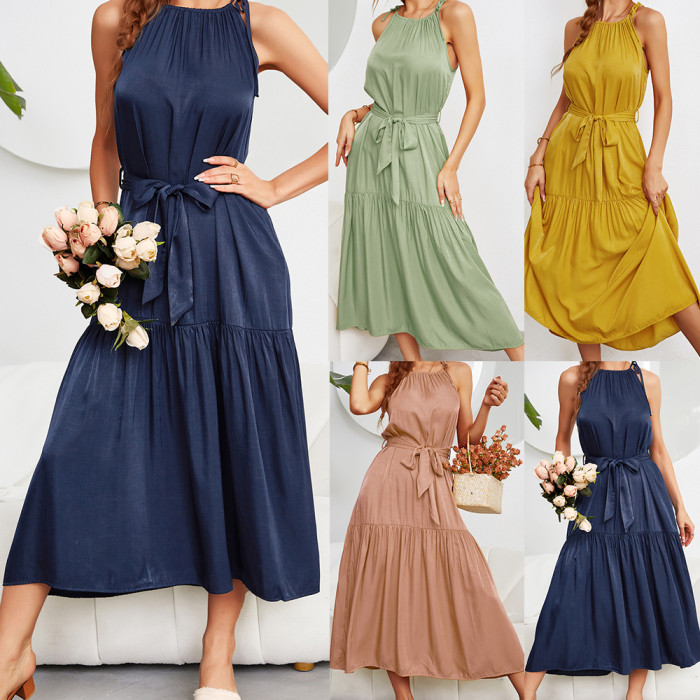 New Summer Sling Sleeveless Casual Elegant Solid Color Long Maxi Dress