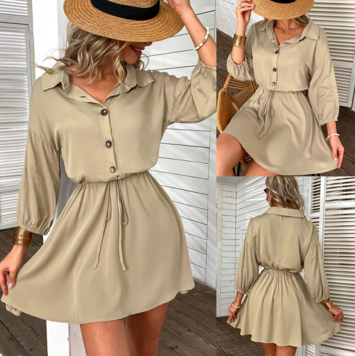 New Elegant Party Solid Color Fashion Casual Beach Shirt Collar Dress