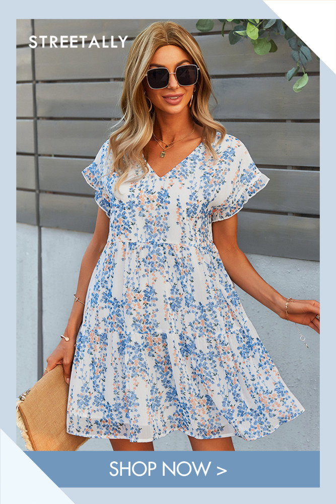 New Summer Loose Floral Casual V-Neck Butterfly Sleeve Series Print Casual Dress