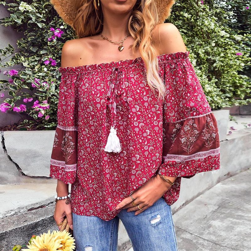 Off Shoulder Floral Vintage Top Elegant Pullover Loose Casual Shirt