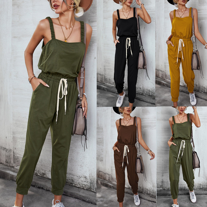 New Summer Casual Solid Color Sexy Sleeveless Sling One Piece Suit Jumpsuit