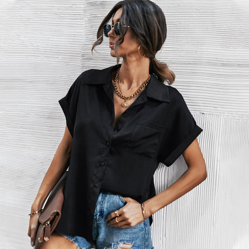 Short Sleeve Solid V-Neck Casual Chiffon Satin Elegant Button-Up Blouses & Shirt