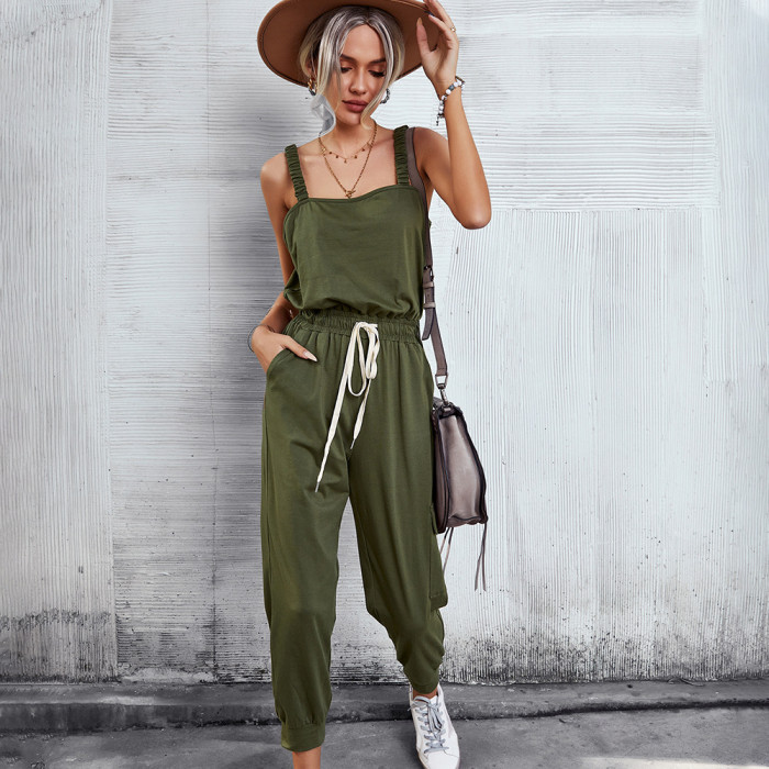 New Summer Casual Solid Color Sexy Sleeveless Sling One Piece Suit Jumpsuit