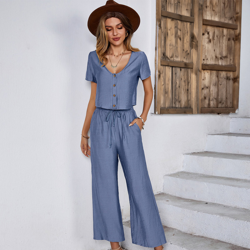 Simple and Comfortable V-neck Short-sleeved Trousers Two-piece Outfits