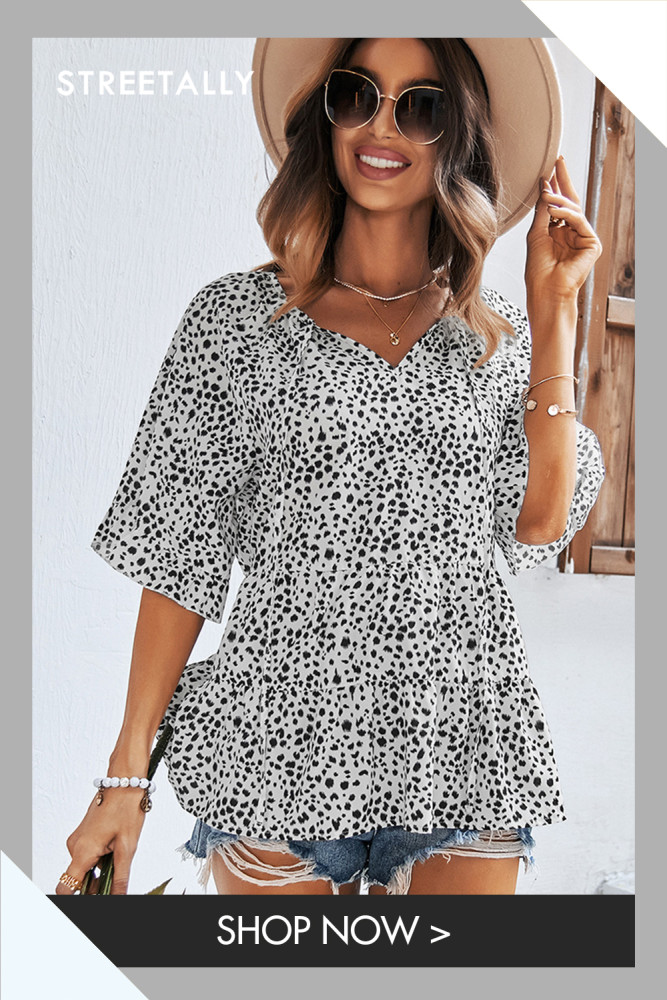 New Summer Casual Printed Short Sleeve Pleated Loose Top V-Neck T-Shirt