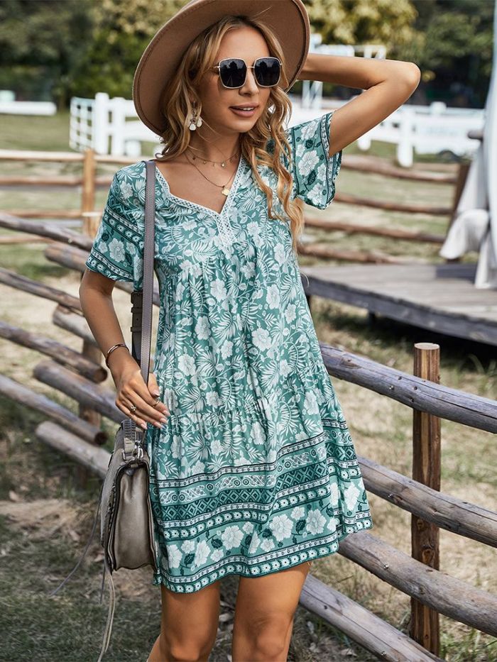 Bohemia Floral Print Ruffles V-neck Butterfly Sleeve Casual Dress