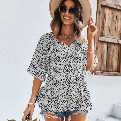 New Summer Casual Printed Short Sleeve Pleated Loose Top V-Neck T-Shirt