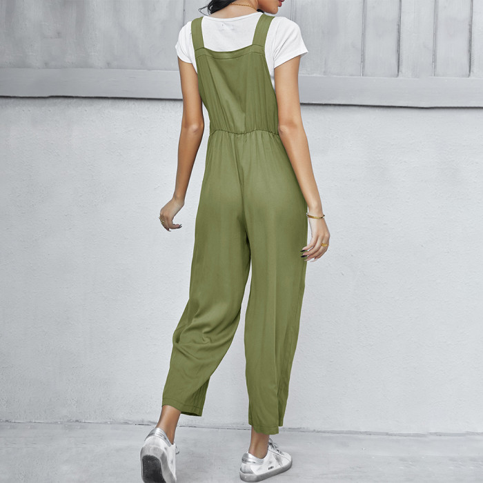 New cotton suspenders loose solid wide Leg Casual Jumpsuit