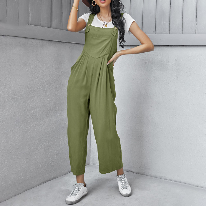 New cotton suspenders loose solid wide Leg Casual Jumpsuit