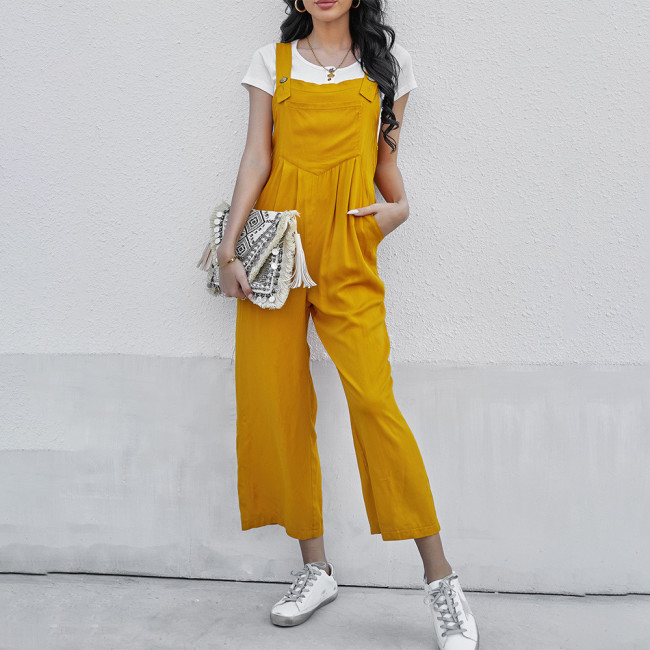 New cotton suspenders loose solid wide Leg Casual Jumpsuit