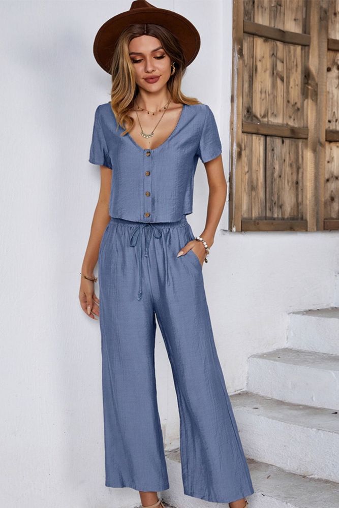 Simple and Comfortable V-neck Short-sleeved Trousers Two-piece Outfits