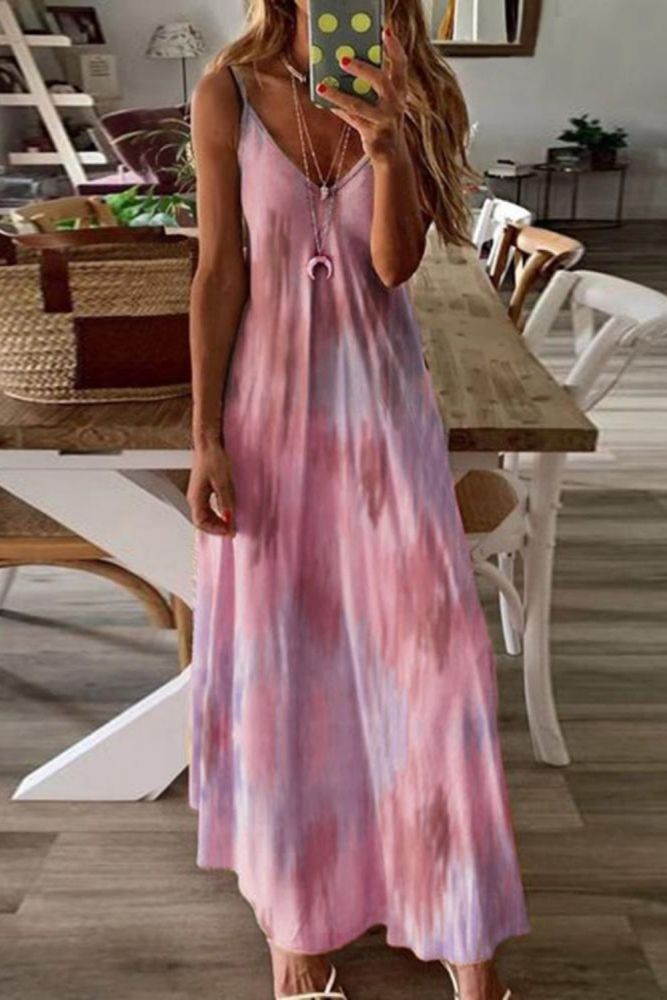 Casual Women Robe Sexy Maxi Dress Summer Sleeveless V -Neck Printed Long Dress Big Swing Tie Dye Plus Size Boho Dress