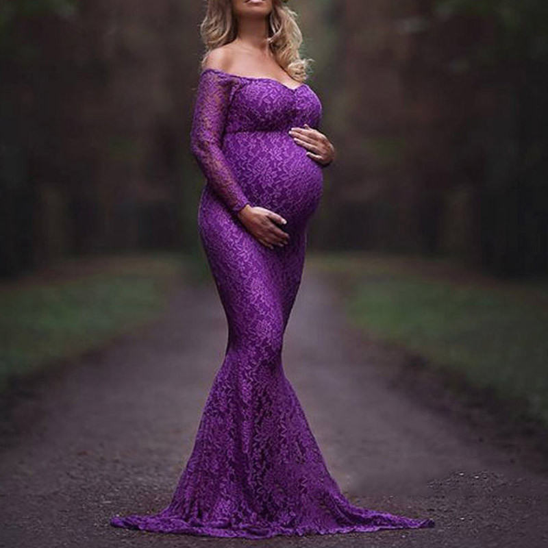Lace off-the-shoulder V-neck long dress for maternity photo shoot Maternity Photography Dress