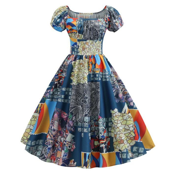 Summer Puff Sleeve  Elegant Print Vintage Dress