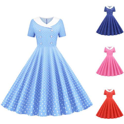 Polka Dot Print Short Sleeve Swing Party Vintage Dress