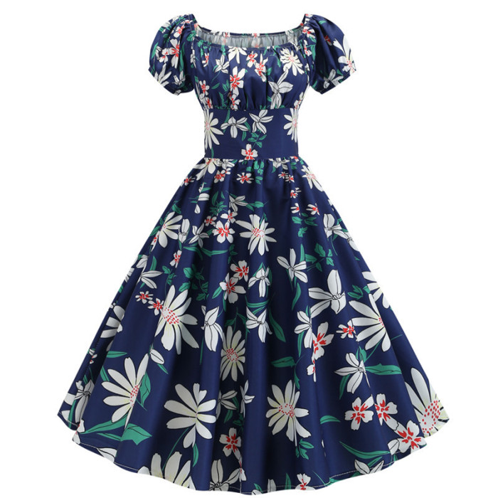 Summer Puff Sleeve Vintage Elegant Print Vintage Dress