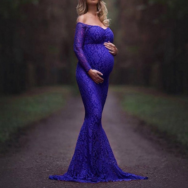 Lace off-the-shoulder V-neck long dress for maternity photo shoot Maternity Photography Dress