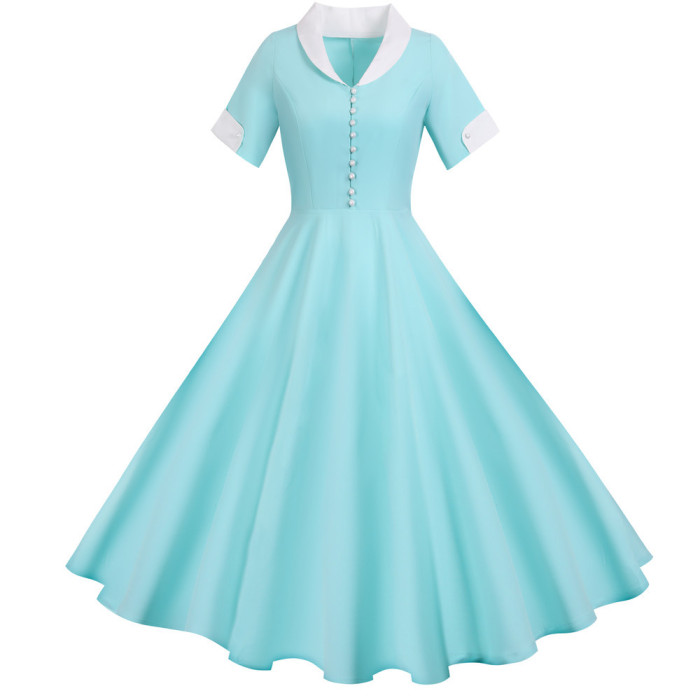 Dot Swing Beaded Short Sleeve Party  Vintage Dress