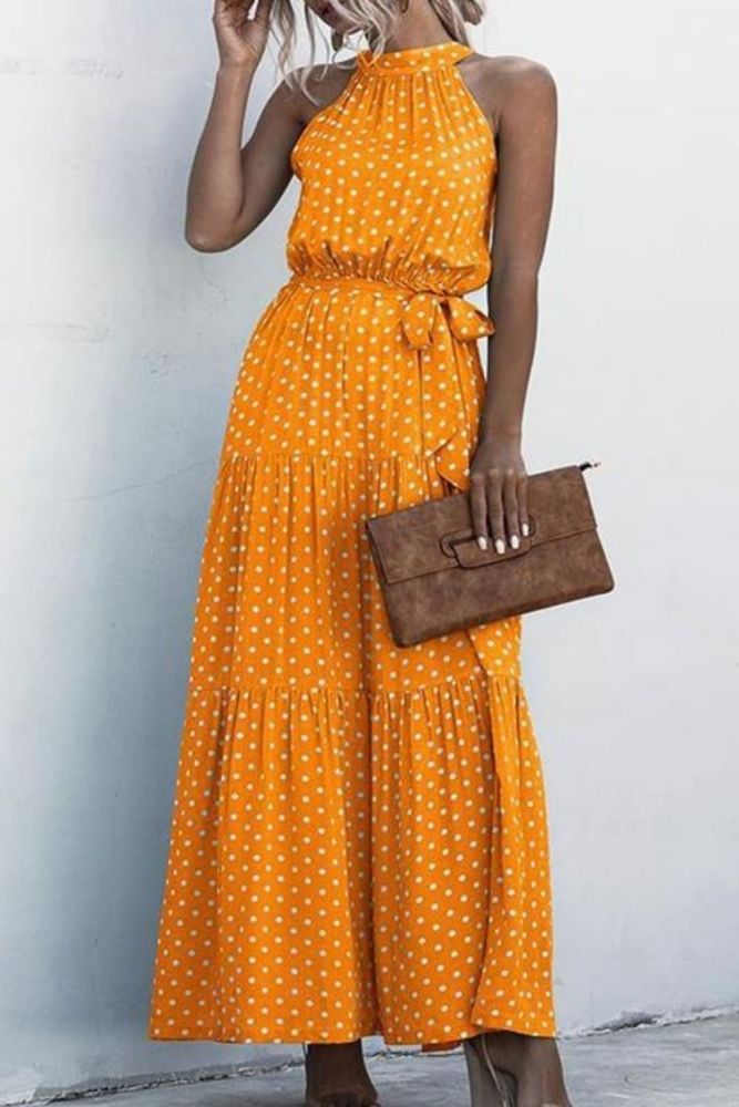 Summer Beach Long Dress Women Print Flowers Polka-dot Strap Ladies Halter Boho Dress Orange