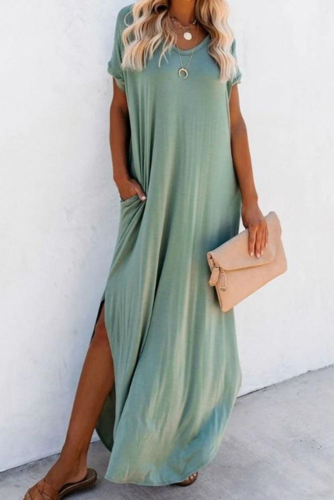 Casual V-neck Short Sleeve Side Split Summer Dress Green Cotton Tunic Women Plus Size Beachwear Maxi Dress