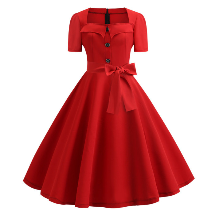 Elegant Fashion Square Neck Dot 1950 Vintage Dress