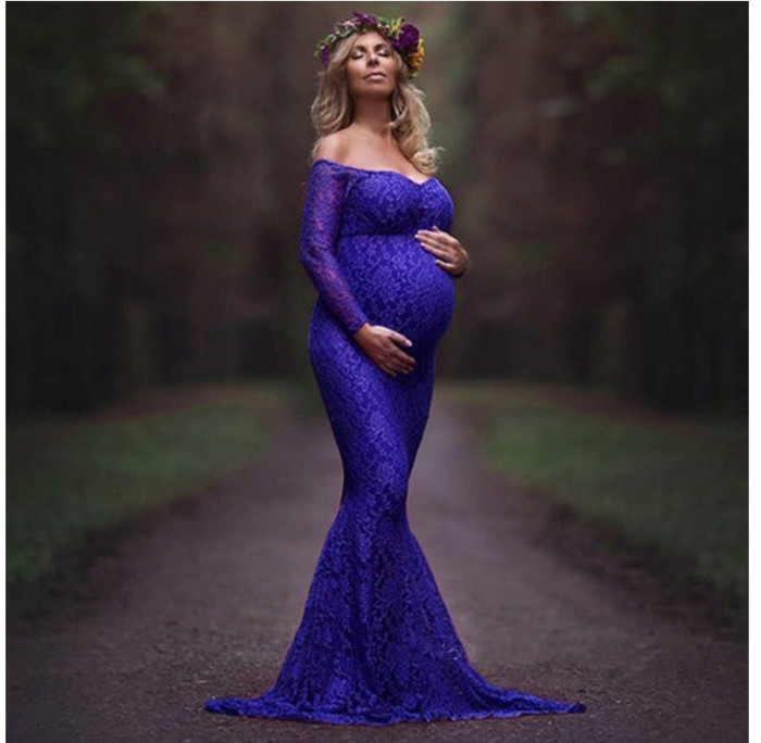 Lace off-the-shoulder V-neck long dress for maternity photo shoot Maternity Photography Dress