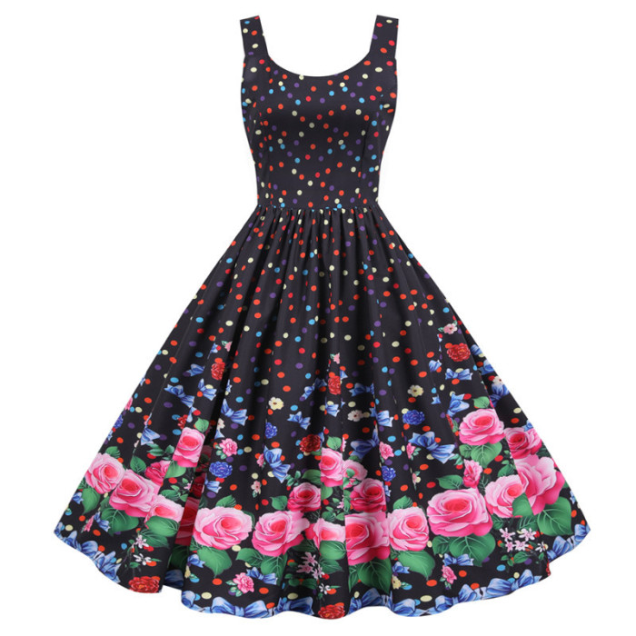 New Butterfly Floral Print Chic Dress Fashion Sexy Spaghetti Strap 1950 Vintage Dress