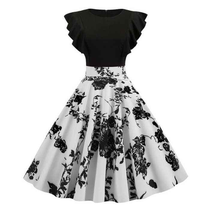Two Tone Ruffle Armhole Dots Elegant 1950 Vintage Dress
