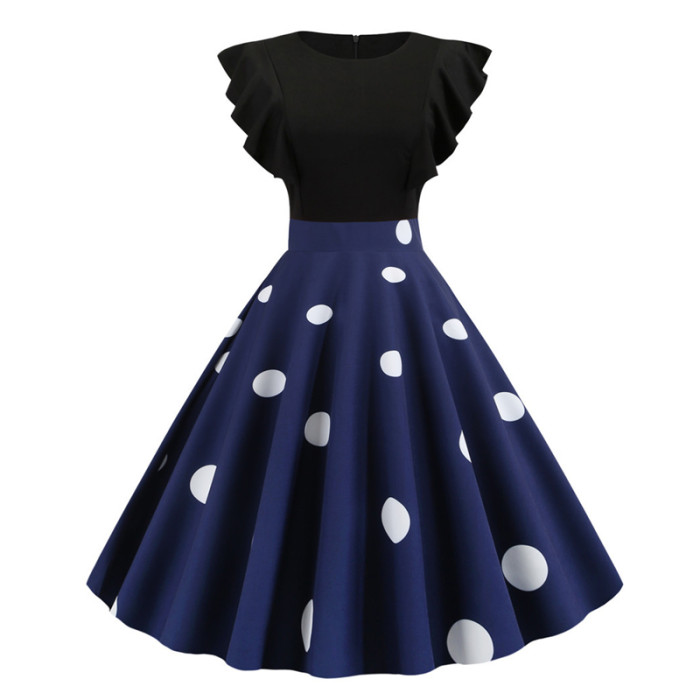 Two Tone Ruffle Armhole Dots Elegant 1950 Vintage Dress