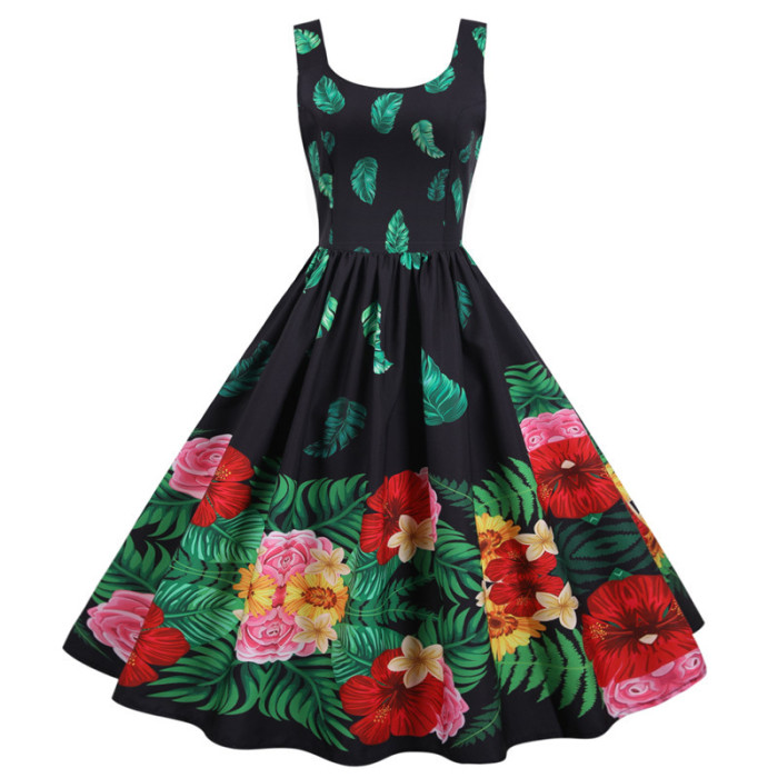 New Butterfly Floral Print Chic Dress Fashion Sexy Spaghetti Strap 1950 Vintage Dress