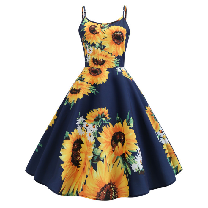 Sexy Vintage Country Dress Floral Boho Sunflowers 1950 Vintage Dress