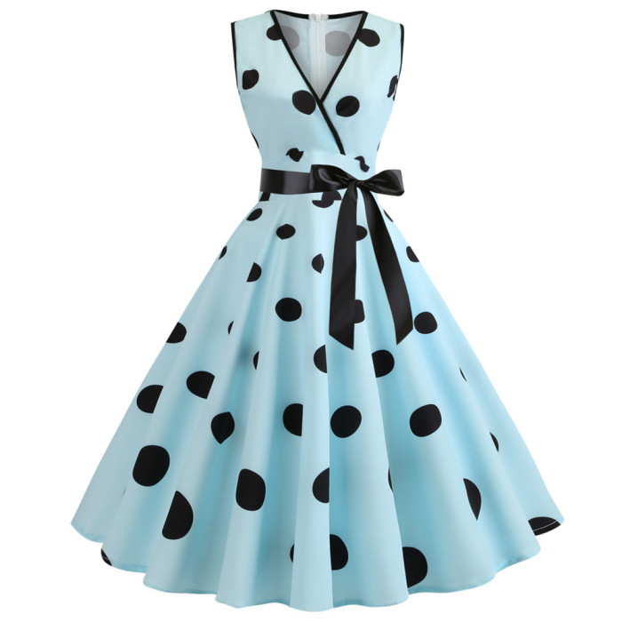 New women's retro summer dress sleeveless retro 50s 60s rock polka dot v neck 1950 Vintage Dress