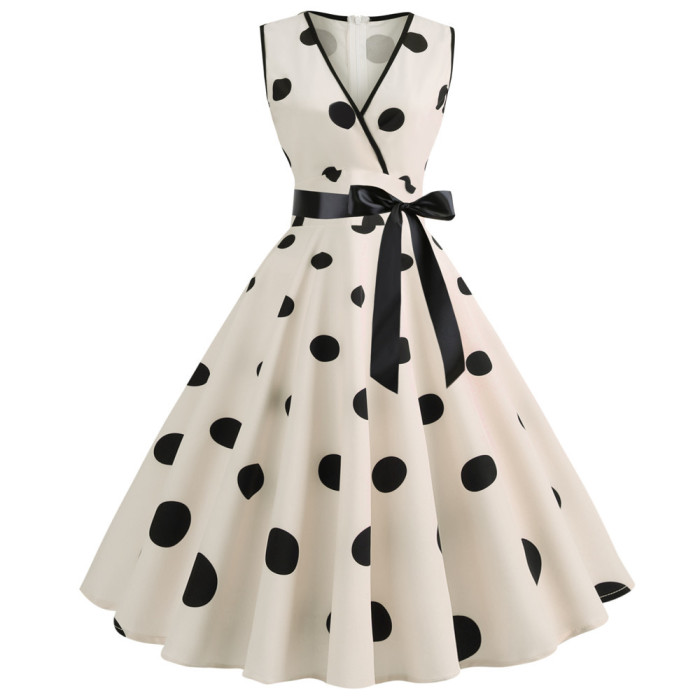 New women's retro summer dress sleeveless retro 50s 60s rock polka dot v neck 1950 Vintage Dress