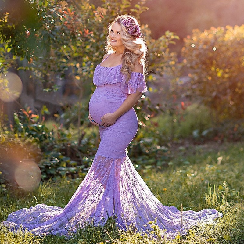 Ruffled Lace Maternity Dress Off Shoulder Fancy Maternity Photography Dress