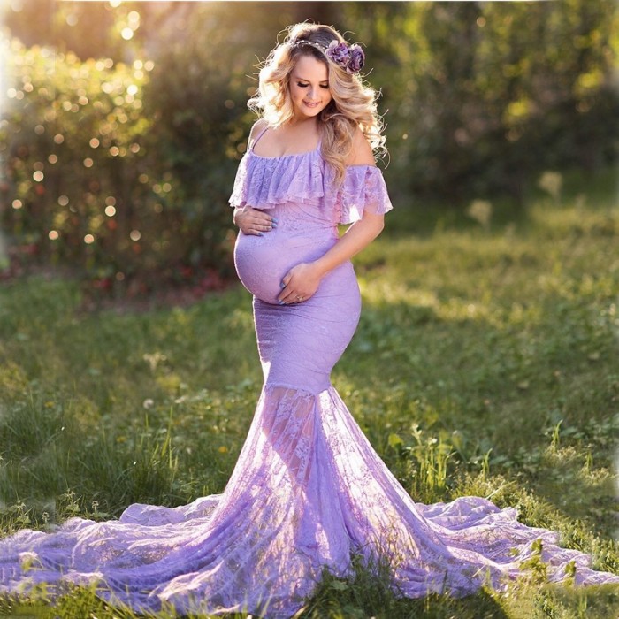 Ruffled Lace Maternity Dress Off Shoulder Fancy Maternity Photography Dress