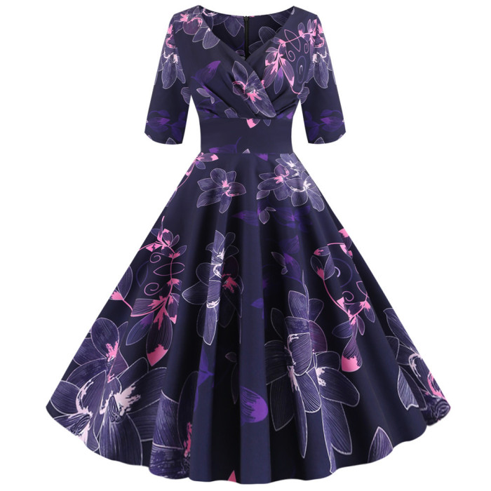 Floral Print Dress Casual Half Sleeve Elegant 1950 Vintage Dress