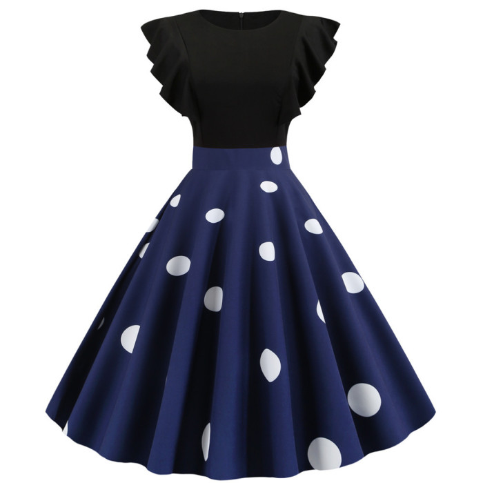 Two Tone Ruffle Armhole Dots Elegant 1950 Vintage Dress