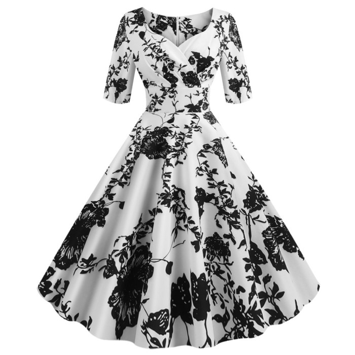 Floral Print Dress Casual Half Sleeve Elegant 1950 Vintage Dress