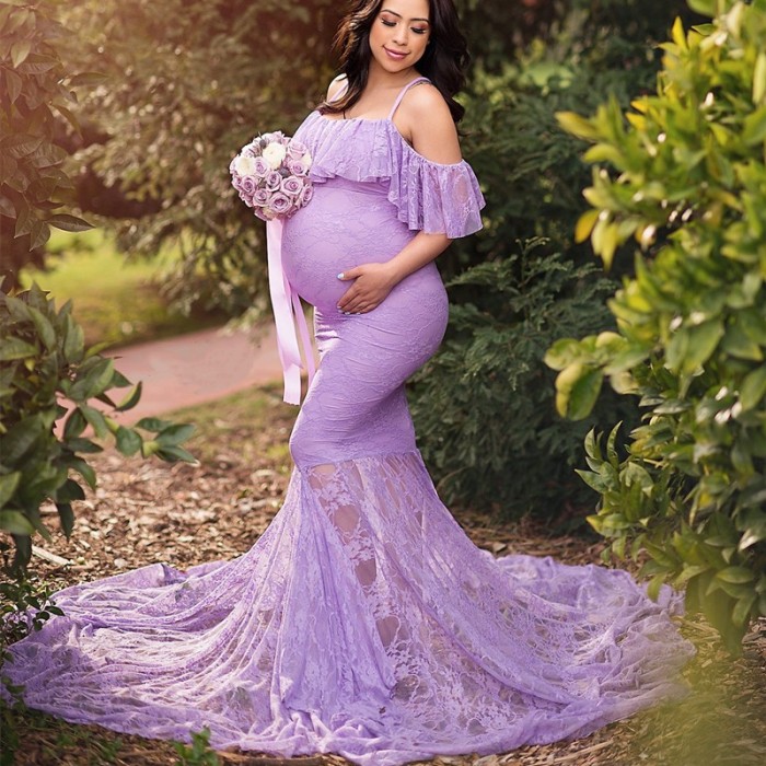 Ruffled Lace Maternity Dress Off Shoulder Fancy Maternity Photography Dress
