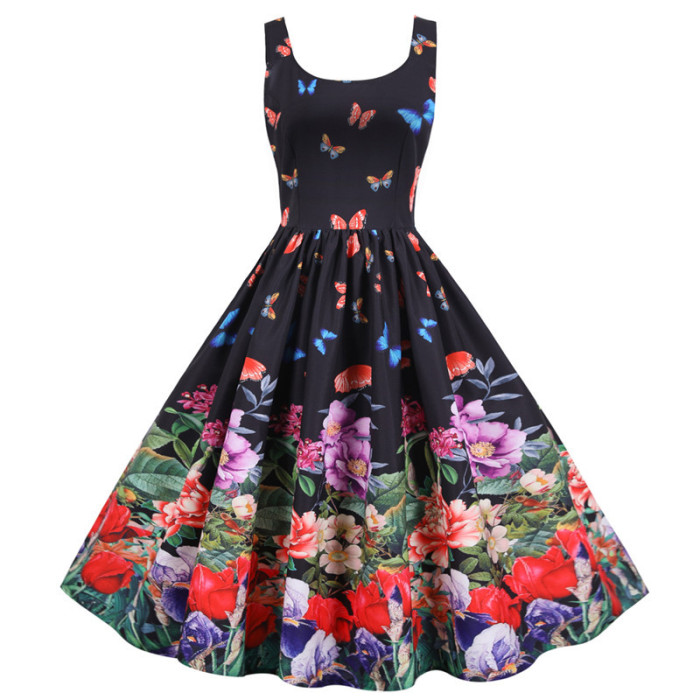 New Butterfly Floral Print Chic Dress Fashion Sexy Spaghetti Strap 1950 Vintage Dress