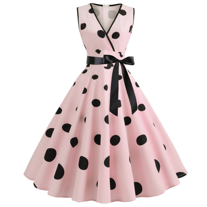 New women's retro summer dress sleeveless retro 50s 60s rock polka dot v neck 1950 Vintage Dress