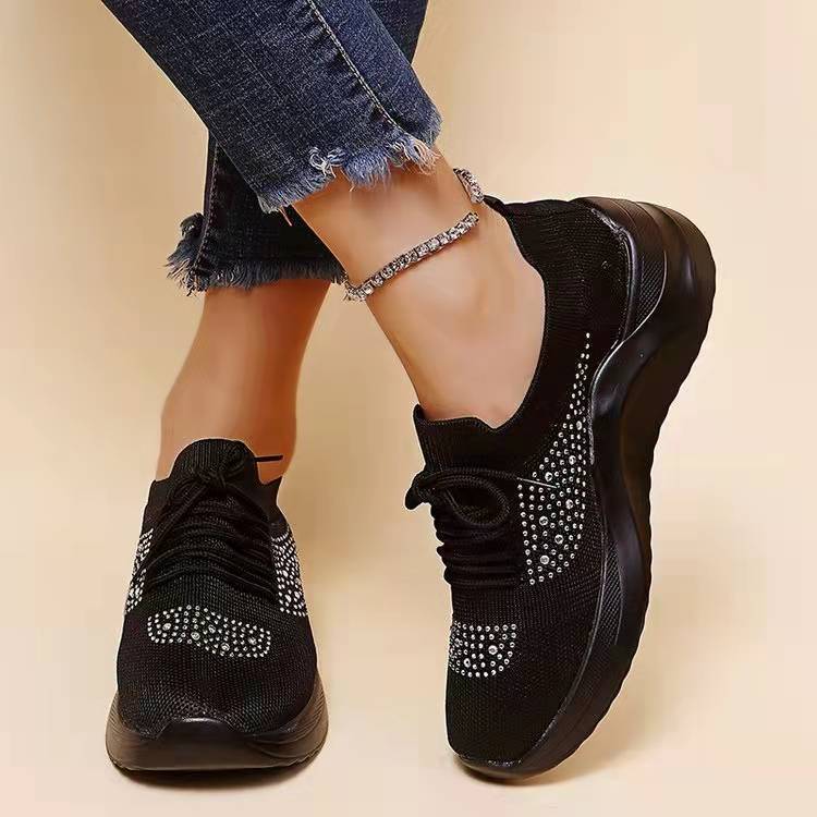New mesh breathable flying woven shoes women's plus size rhinestone lace-up sneakers
